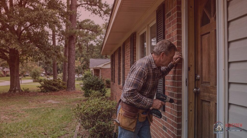 A licensed residential handyman inspecting a home's front door frame with a cordless drill in hand.