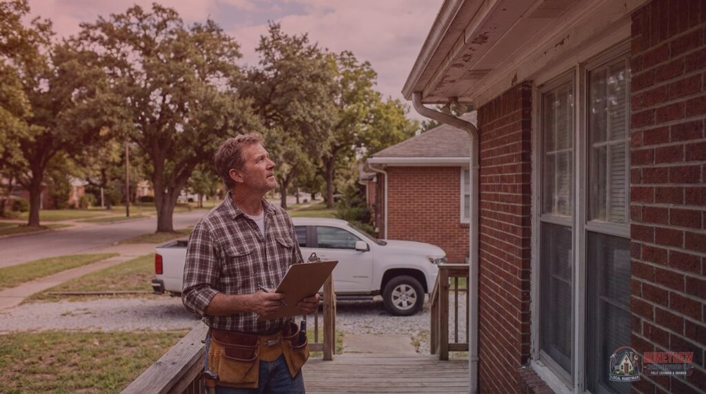 A licensed residential handyman inspecting the exterior of a brick home in a Fayetteville neighborhood.