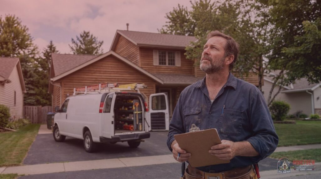 A licensed residential handyman standing outside a suburban Hampton, GA home ready to assess repairs.