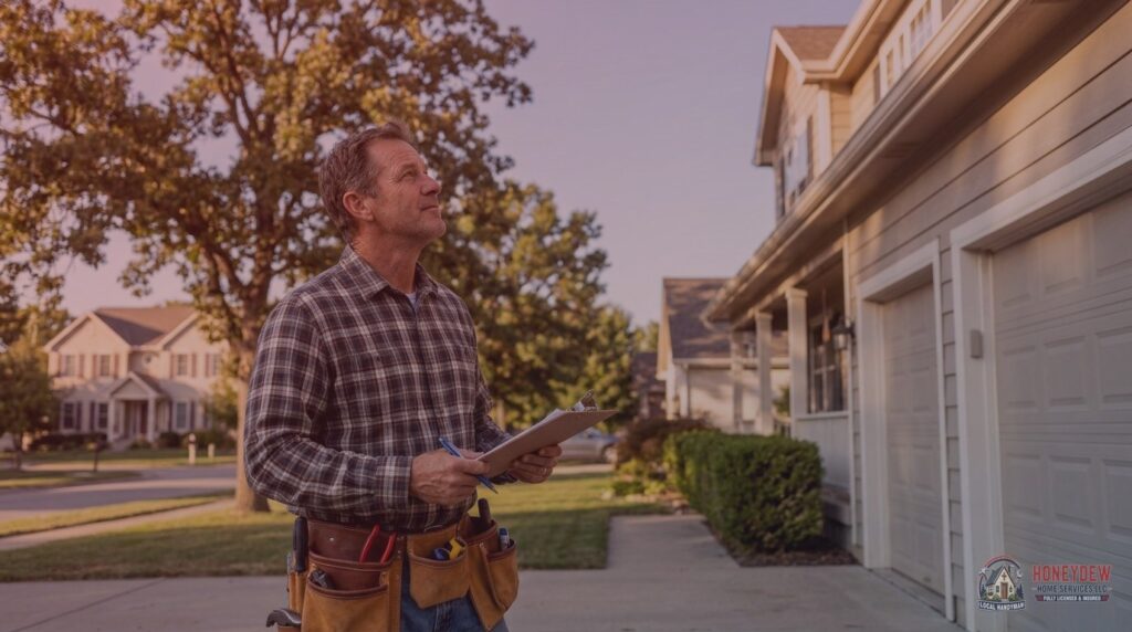 A licensed residential handyman assessing the exterior of a Locust Grove, GA home.