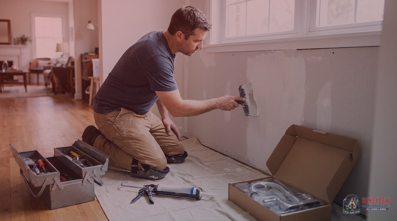 A handyman applying joint compound to a drywall patch inside a residential home.