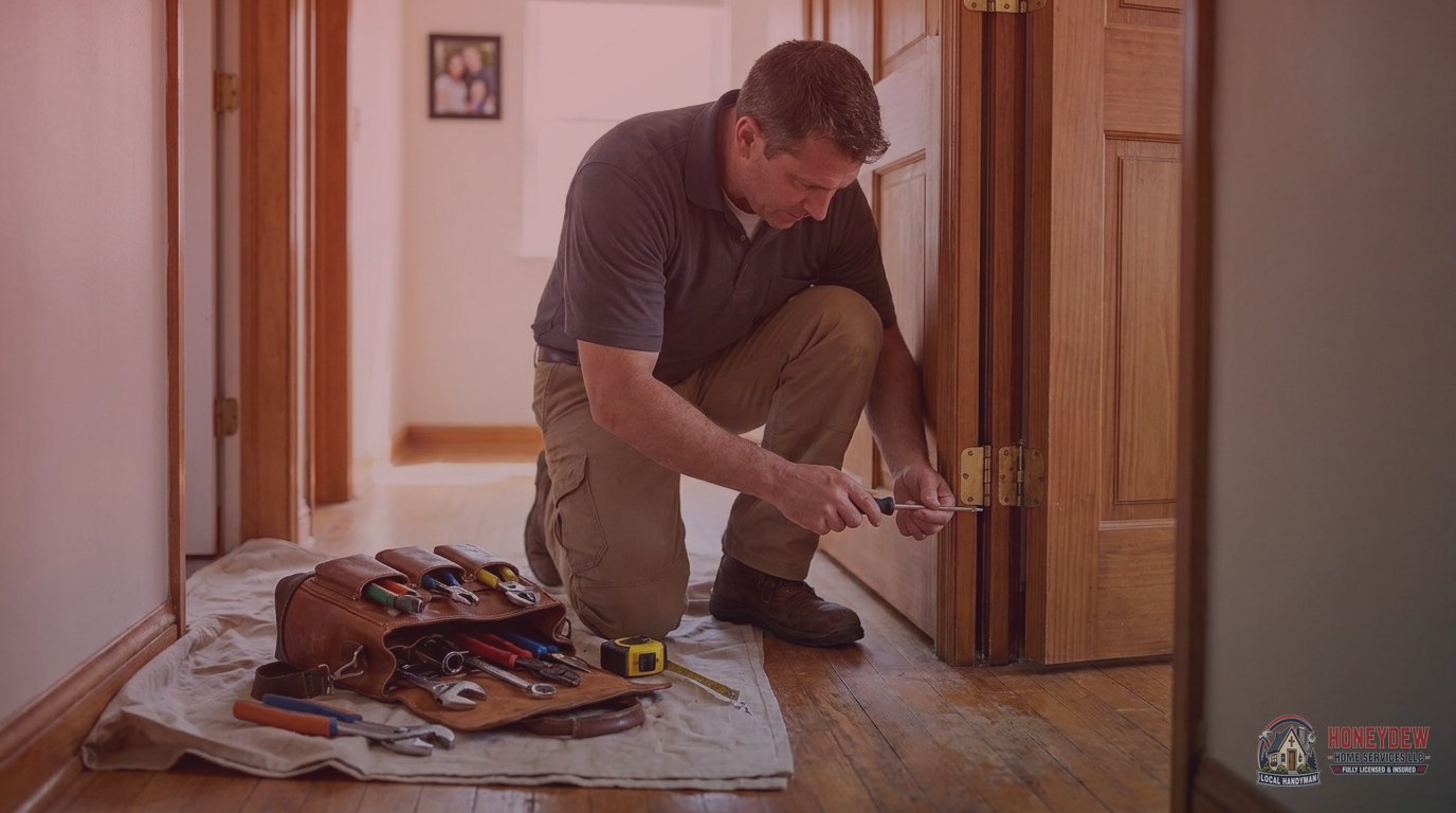 A licensed handyman adjusting an interior door hinge inside a residential home.