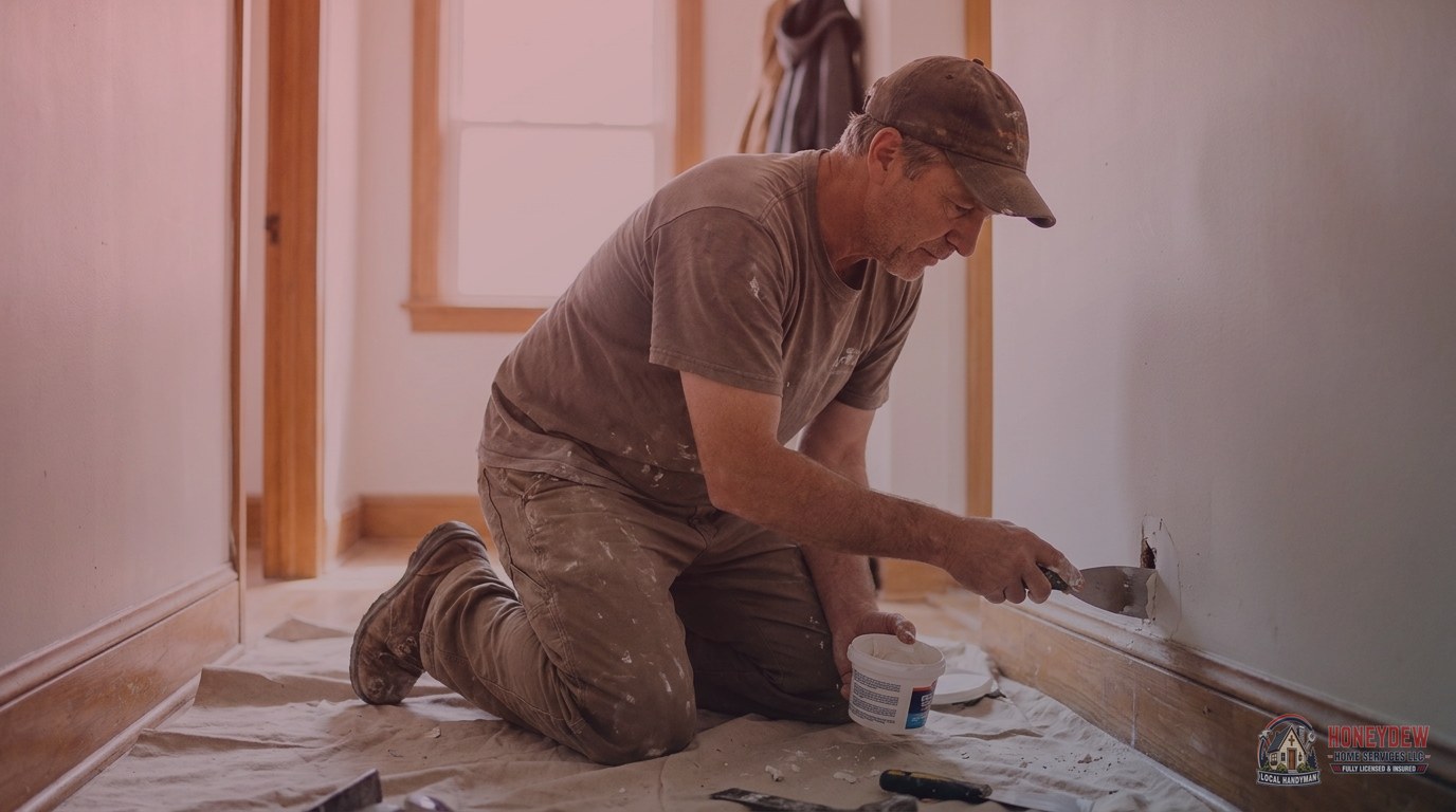 A handyman applying a drywall patch inside a residential home.
