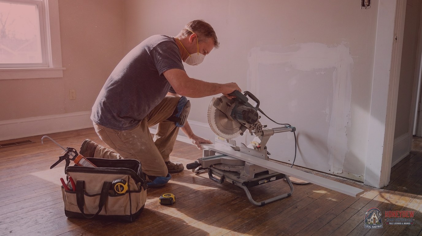 A handyman installing interior door trim and performing drywall repairs inside a residential home.