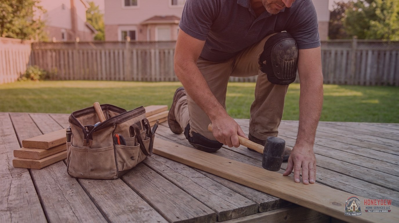 A handyman replacing a damaged deck board on the backyard deck of a residential home.
