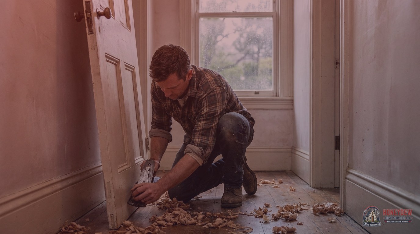 A handyman planing the swollen edge of a wooden interior door inside a Griffin, GA home.