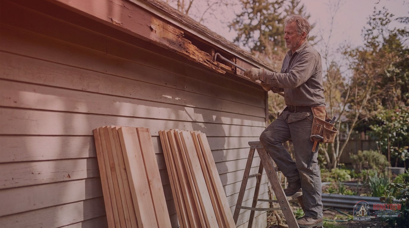 A handyman removing rotted fascia board on the exterior of a house during a wood rot repair.
