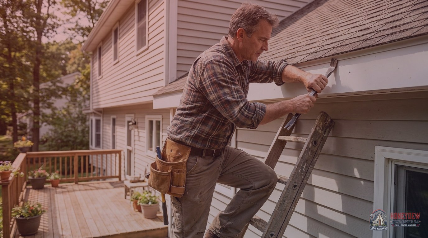 A handyman repairing a fascia board on the exterior of a residential home.