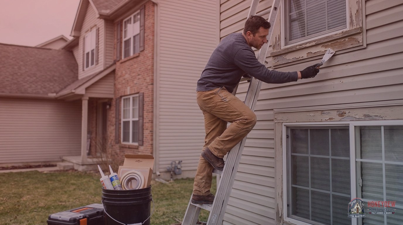 A handyman repairing aging exterior trim and applying weatherstripping on a suburban McDonough home.
