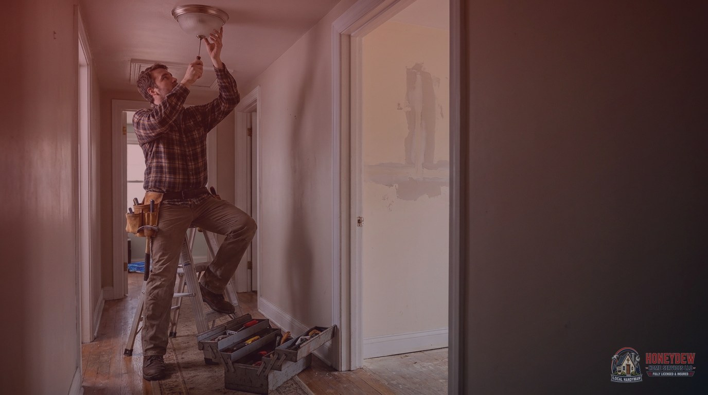 A handyman on a stepladder securing a ceiling light fixture in a residential hallway.