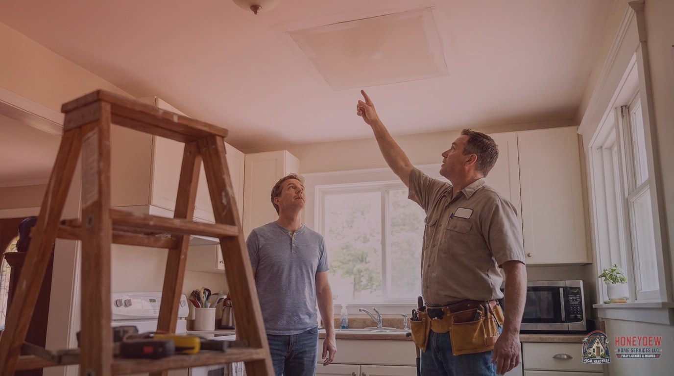 A handyman walking a homeowner through a completed drywall repair during a post-job inspection inside a home.