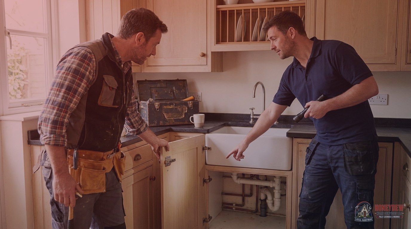 A handyman and a specialty contractor discussing separate repair tasks inside a home.