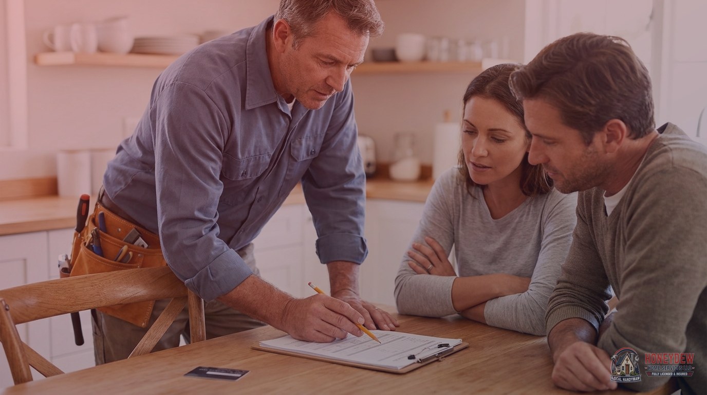 A licensed handyman reviewing a home repair estimate with homeowners at their kitchen table in McDonough, GA.