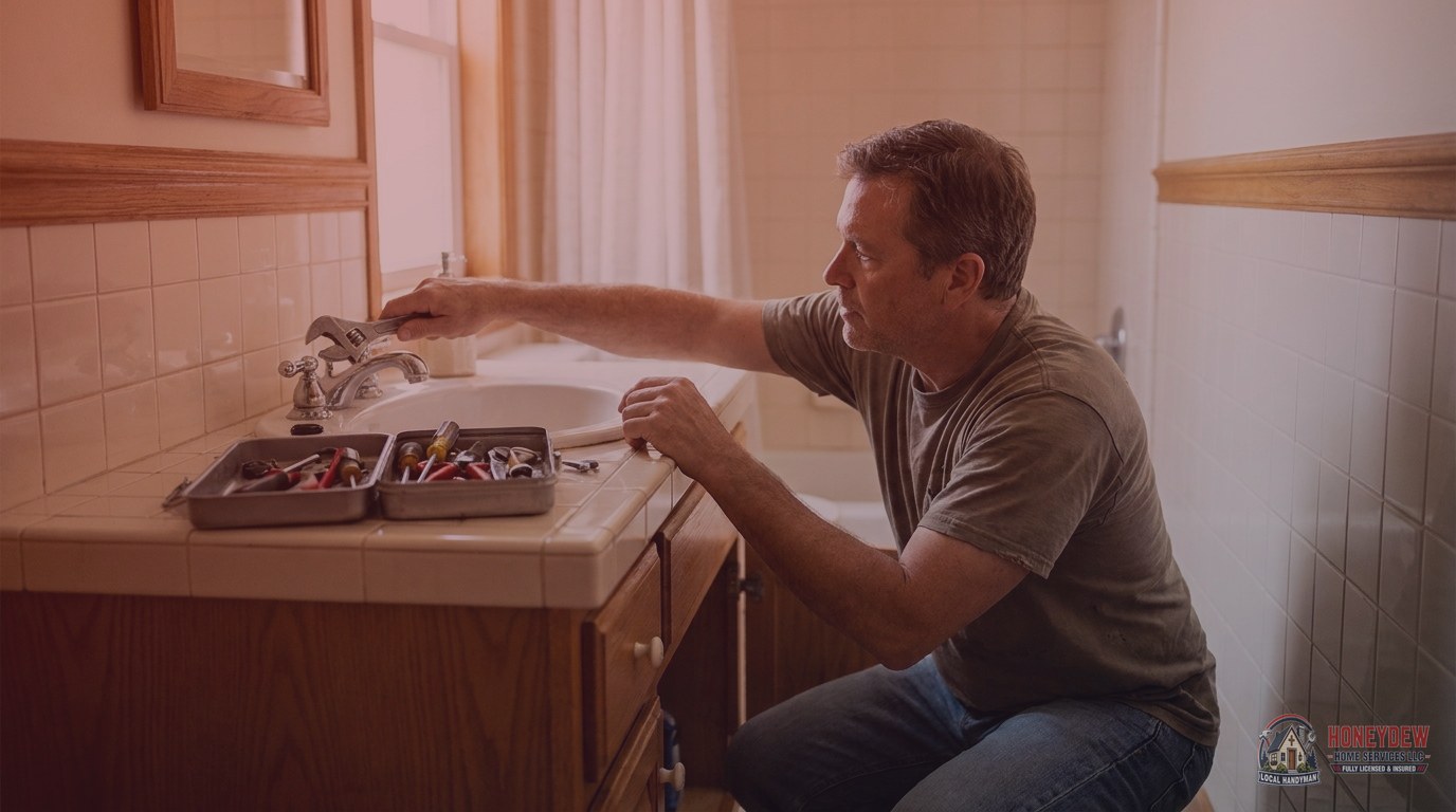 A handyman replacing a bathroom faucet fixture under a residential sink vanity.
