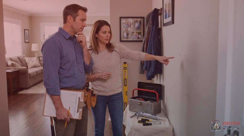 A licensed handyman meets with a Locust Grove homeowner inside their suburban home to review a list of repair tasks.