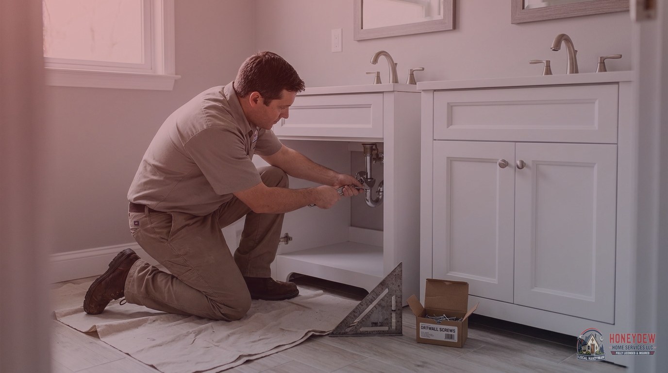 A handyman working on plumbing and carpentry repairs inside a newly built Locust Grove home.
