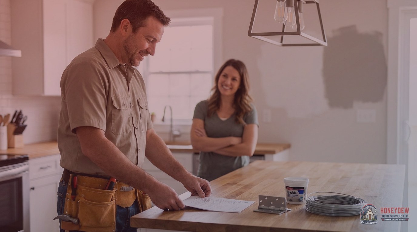 A handyman presenting a single consolidated invoice to a homeowner after completing multiple repairs in one visit.