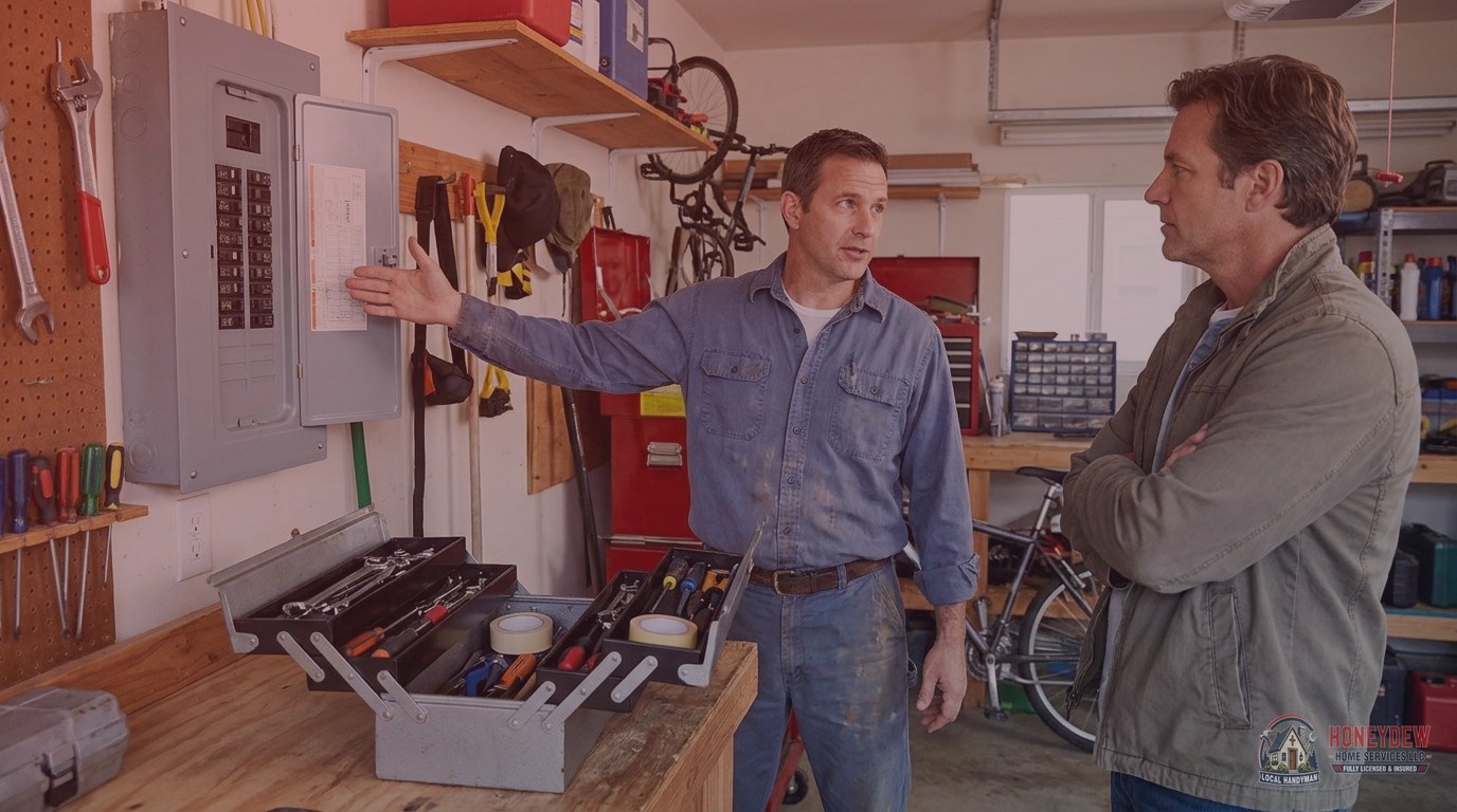 A handyman explaining to a homeowner which electrical panel work requires a licensed specialist under Georgia law.