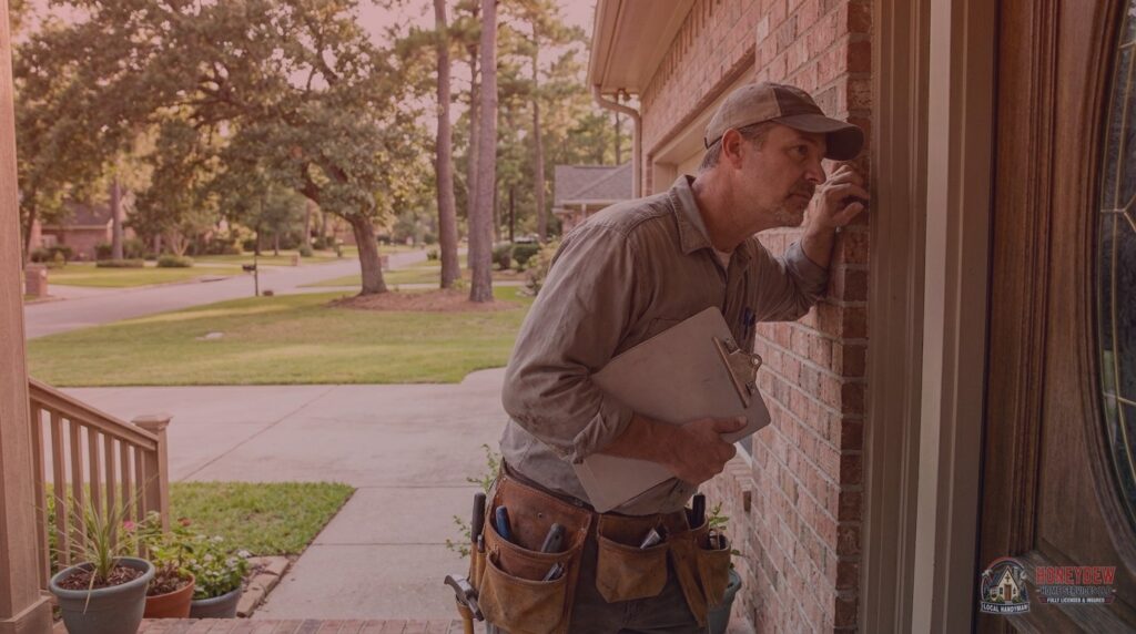 A licensed handyman inspecting the exterior of a McDonough, GA residential home before starting repair work.
