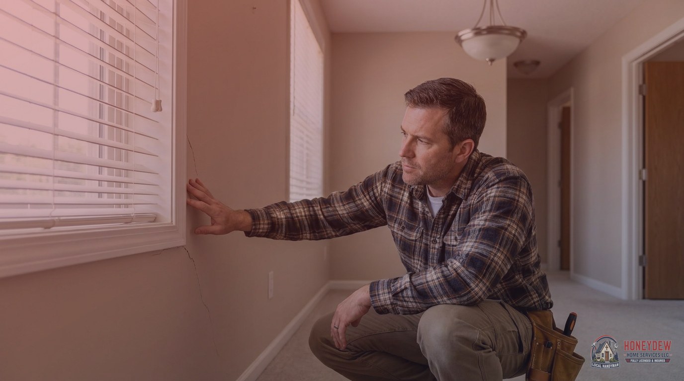 A handyman examining a common builder-grade drywall issue inside a suburban Henry County home.
