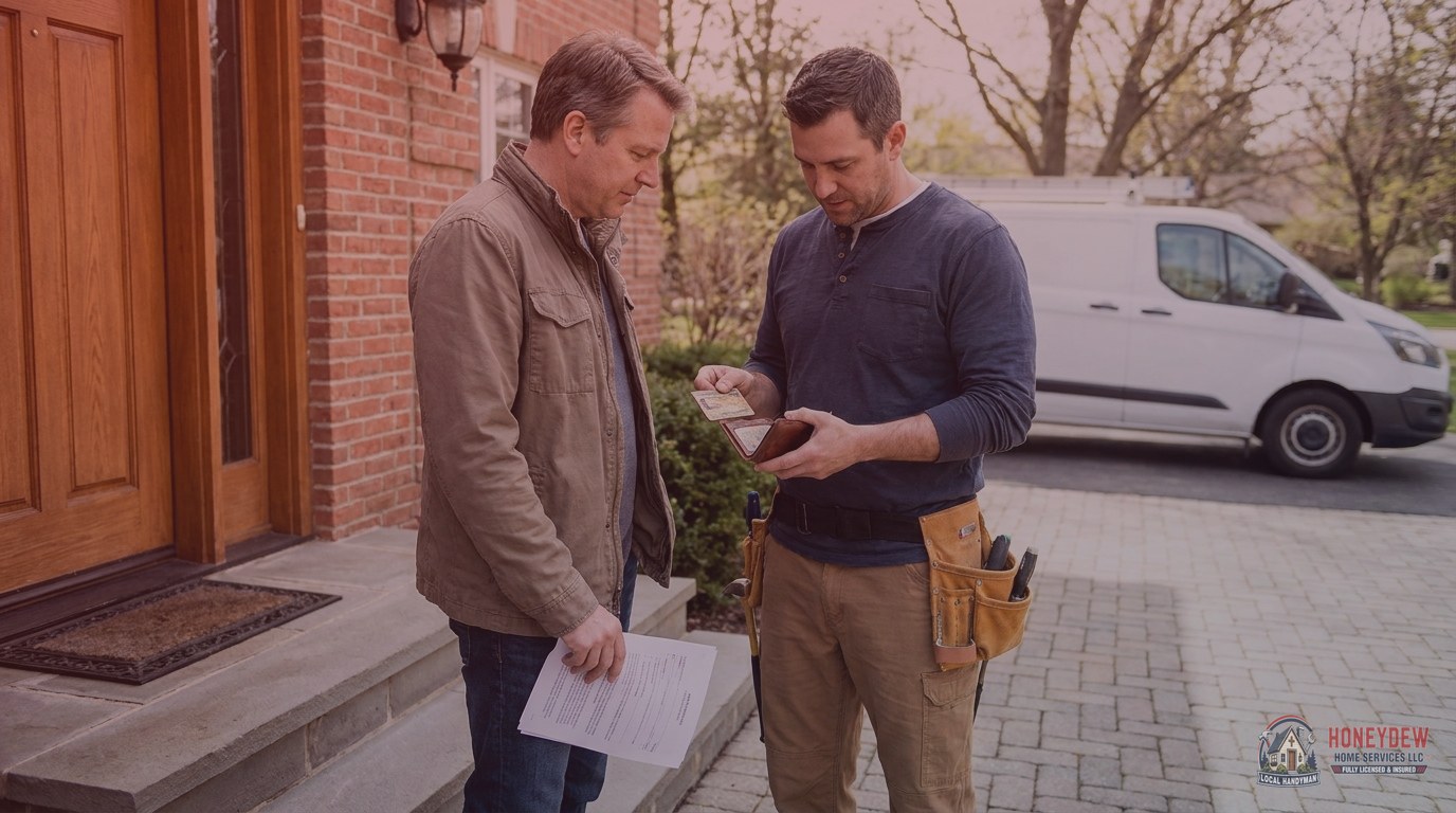 A homeowner verifying a handyman's credentials at the front door before allowing work to begin.