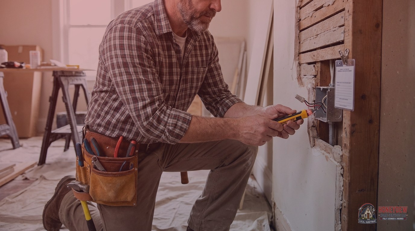A handyman using a voltage tester during an electrical repair inside a Georgia home where trade licensing applies.