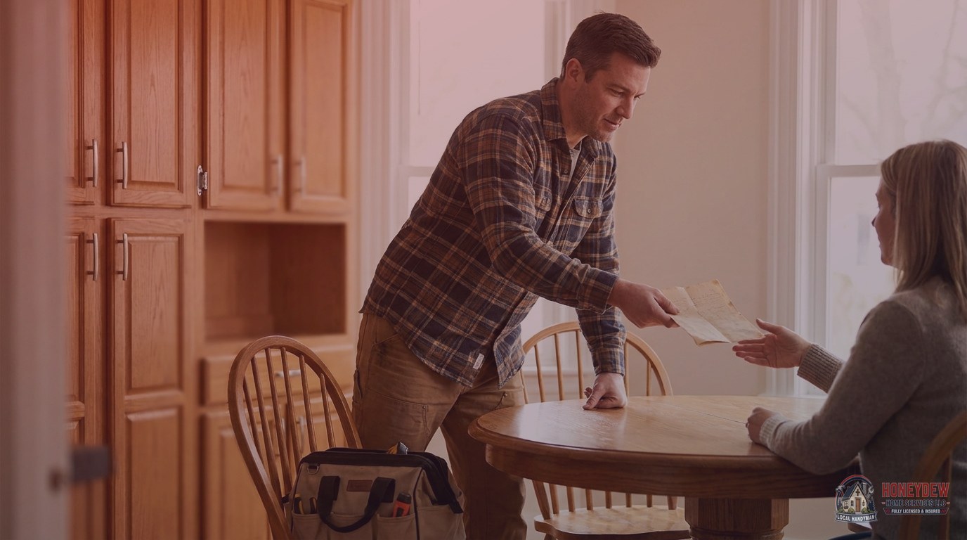 A handyman handing a written estimate and warranty paperwork to a homeowner after completing a repair job.