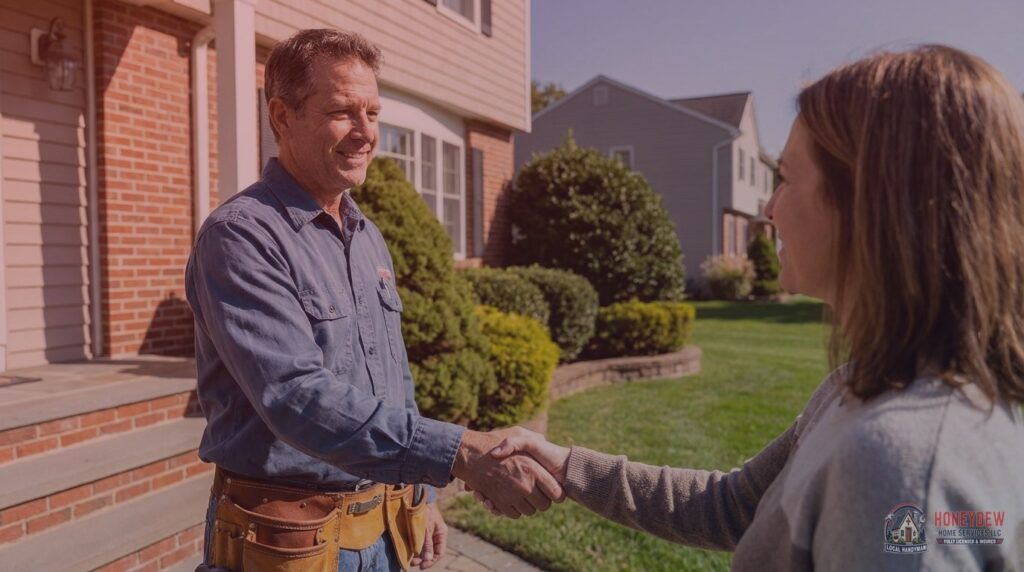 A licensed local handyman greeting a Hampton, GA homeowner at the front door of a residential property.