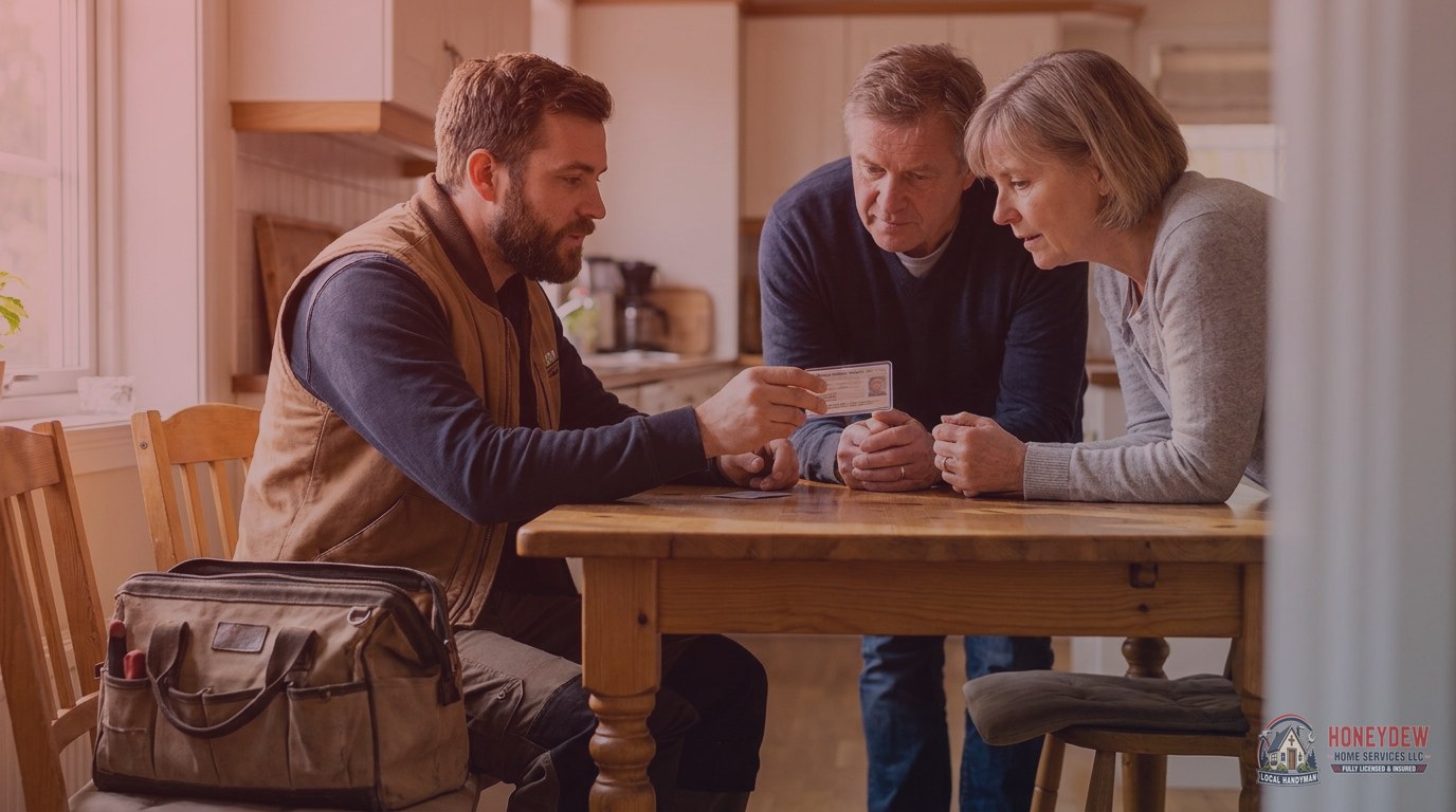 A handyman presenting his trade license credential to homeowners during an in-home consultation.