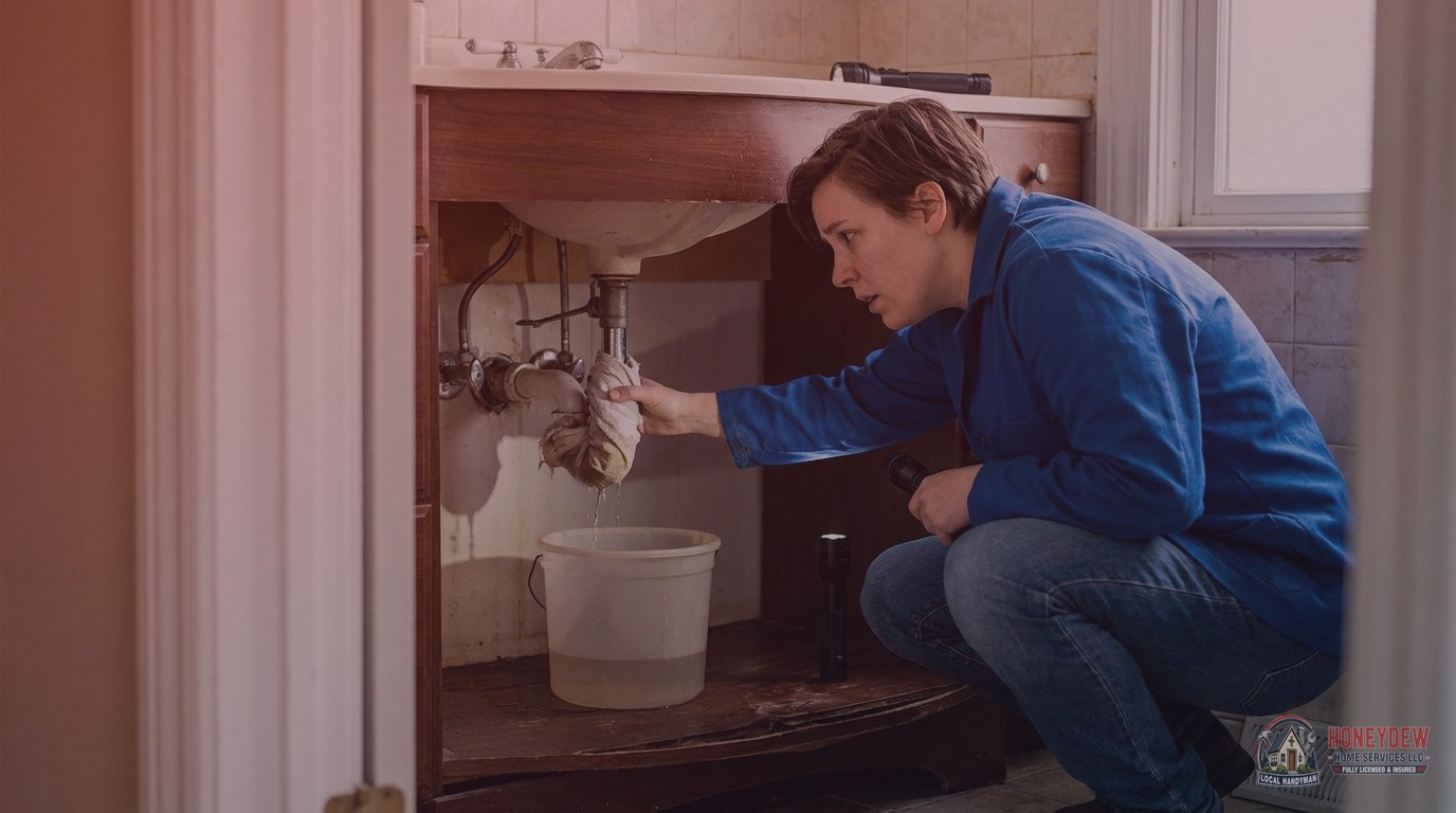 A Hampton homeowner discovering water damage beneath a bathroom sink caused by faulty plumbing work.