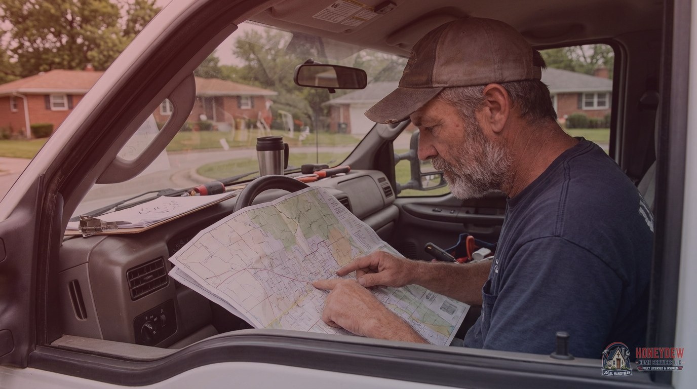 A local handyman reviewing a neighborhood map of Hampton, GA while parked in a residential subdivision.