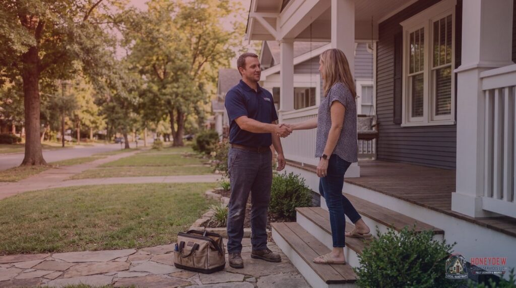 A licensed residential handyman shaking hands with a Fayetteville homeowner at the front door of a suburban home.
