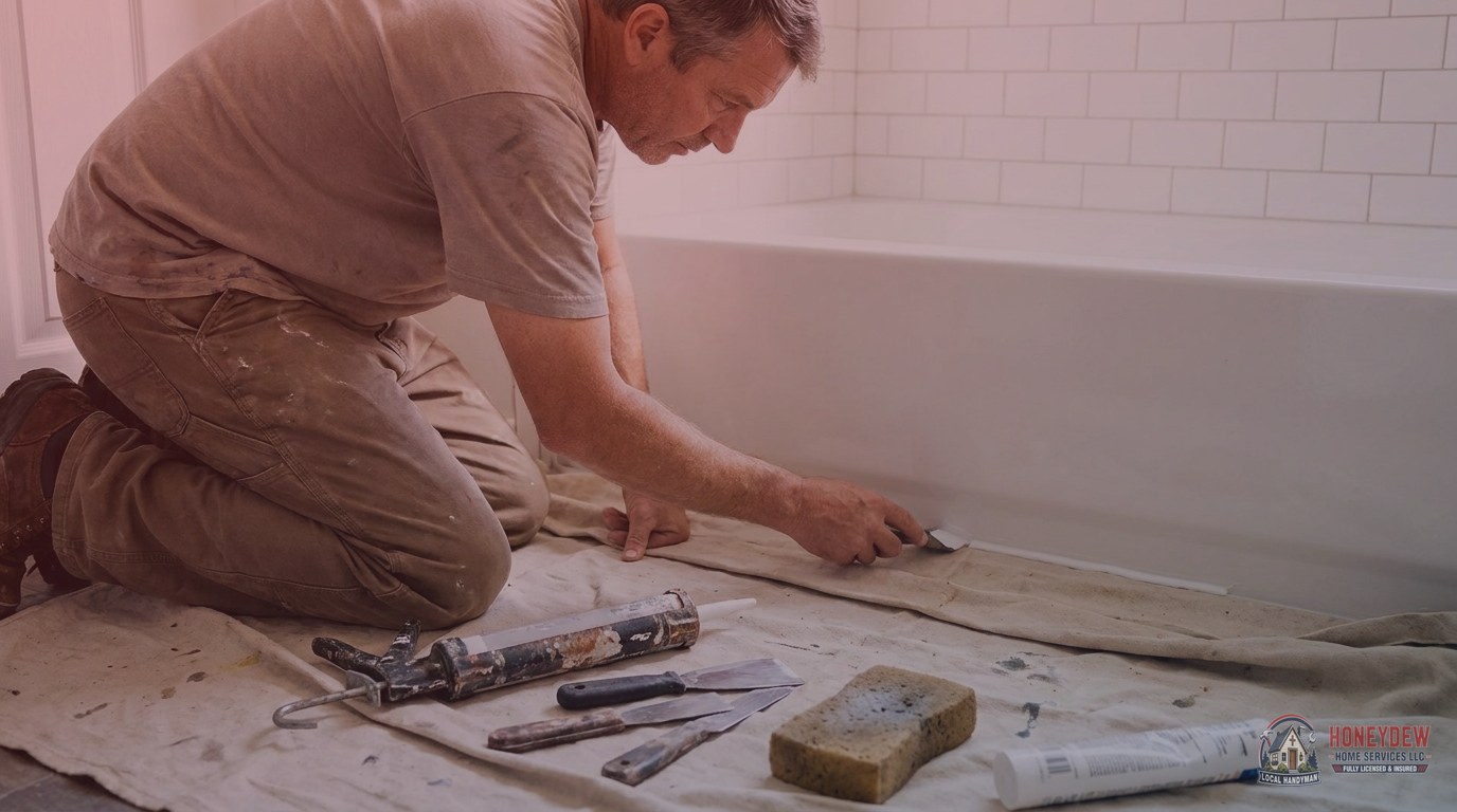 A handyman applying caulk along a tub surround seam during a residential bathroom repair.