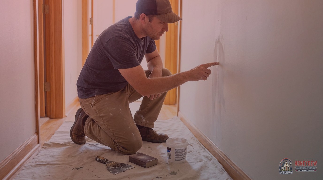 A handyman closely inspecting a drywall patch seam in a residential hallway during a workmanship quality check.