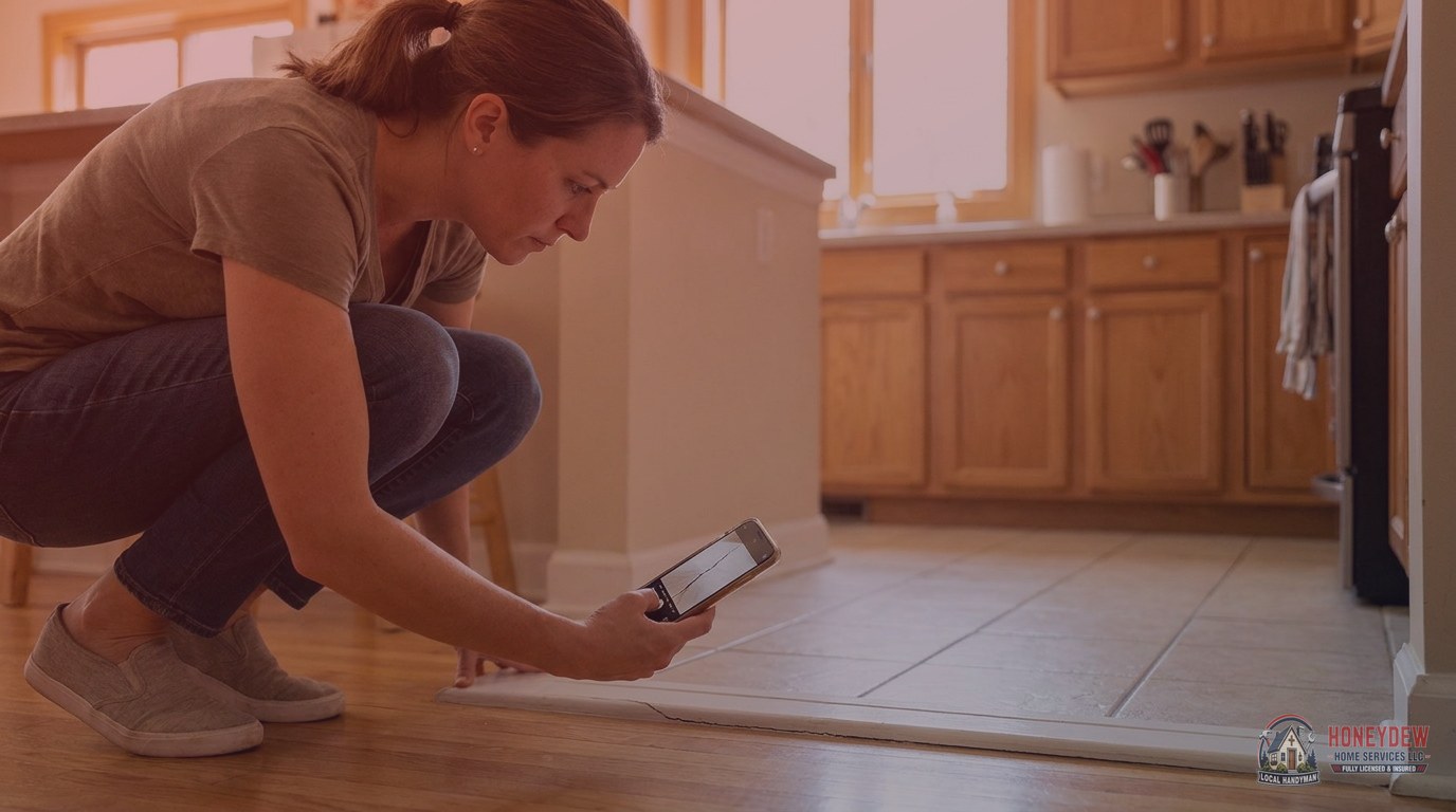 A Fayetteville homeowner photographing a crack along a baseboard caulk line with her smartphone to report a workmanship defect.