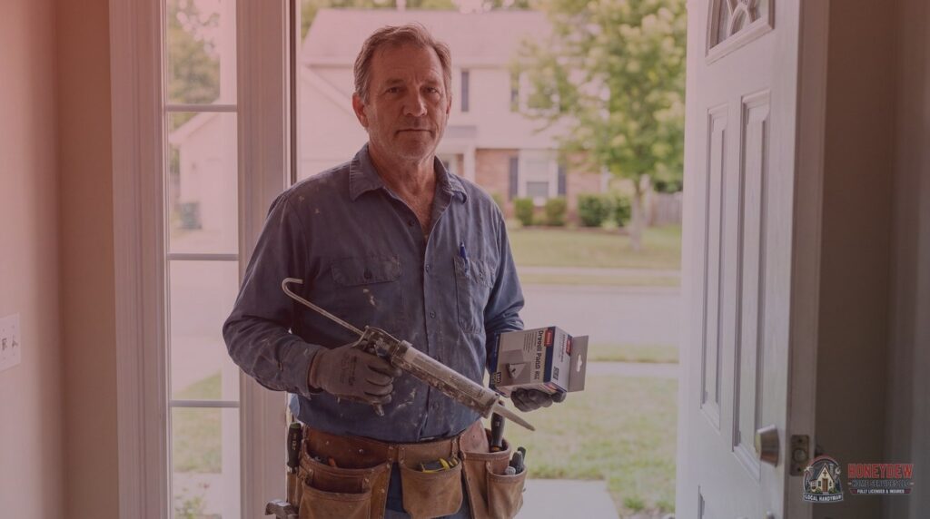 A licensed residential handyman standing at the front entry of a Hampton, GA home with repair tools in hand.
