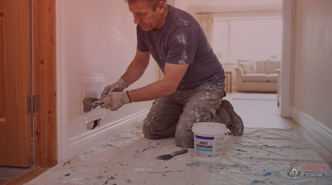 A handyman applying a drywall patch to a damaged interior wall beside a residential door frame.