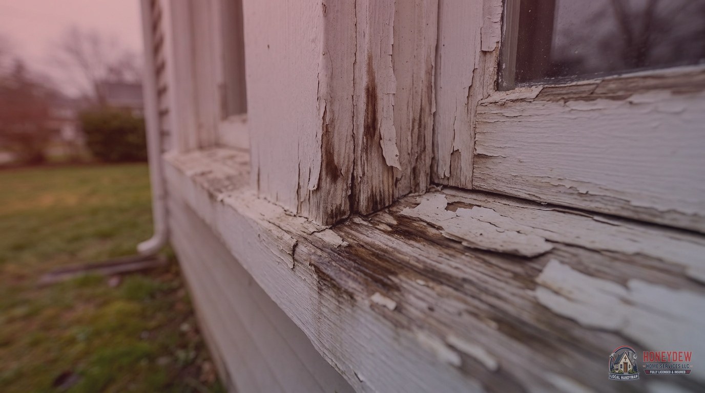 Swollen and cracked exterior wood trim around a residential window showing signs of humidity-driven rot.