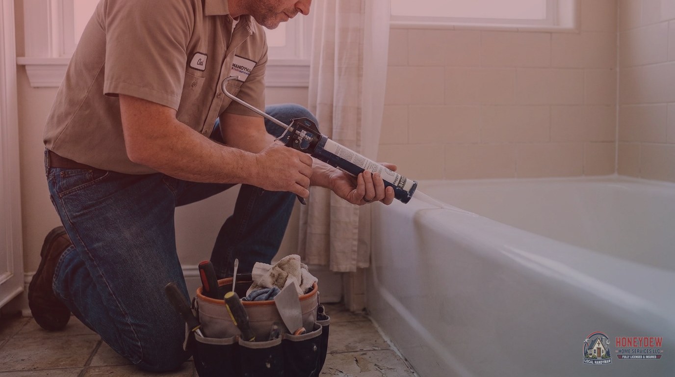 A handyman recaulking the joint between a bathtub and tile wall inside a residential bathroom.