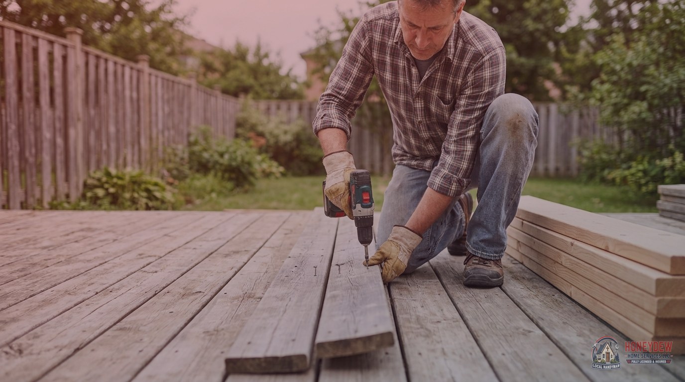 A handyman replacing rotted deck boards and driving new fasteners into a weathered residential backyard deck.