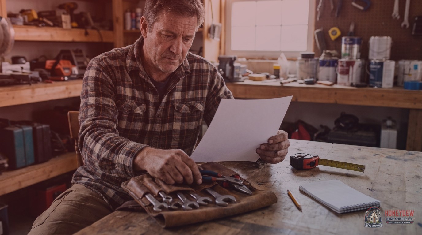 A handyman organizing job materials and pricing notes at a workbench.
