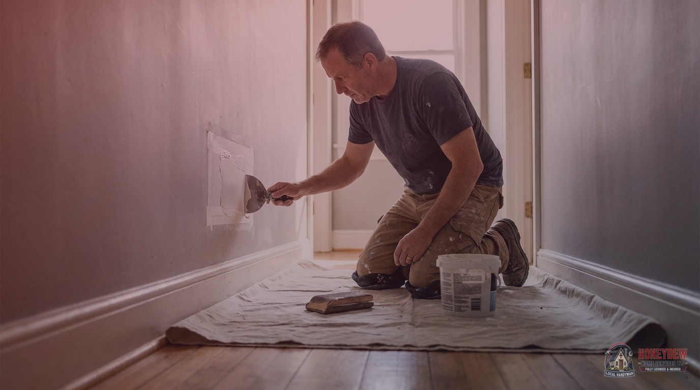 A handyman applying joint compound to a patched drywall hole inside a home.