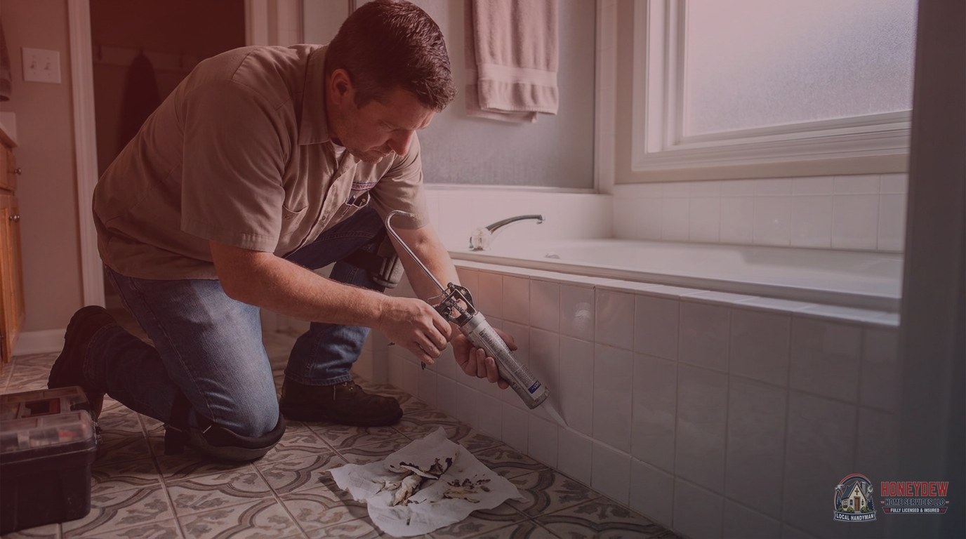 A handyman applying fresh caulk along the seam of a residential bathtub surround.