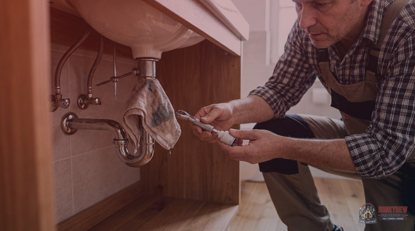 A handyman replacing a faucet cartridge under a bathroom vanity sink.