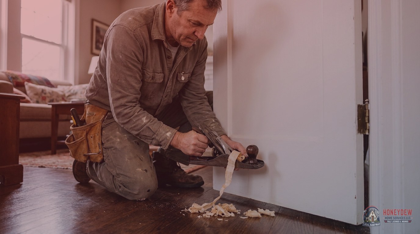 A handyman planing the edge of a sticky interior door inside a home.
