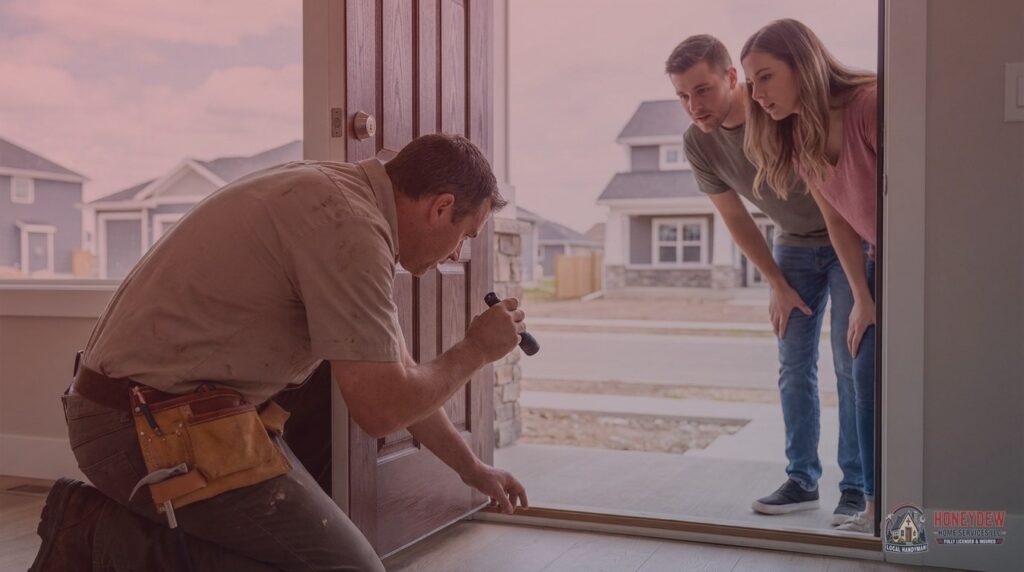 A licensed handyman inspecting the door frame of a newly purchased home while new homeowners look on.
