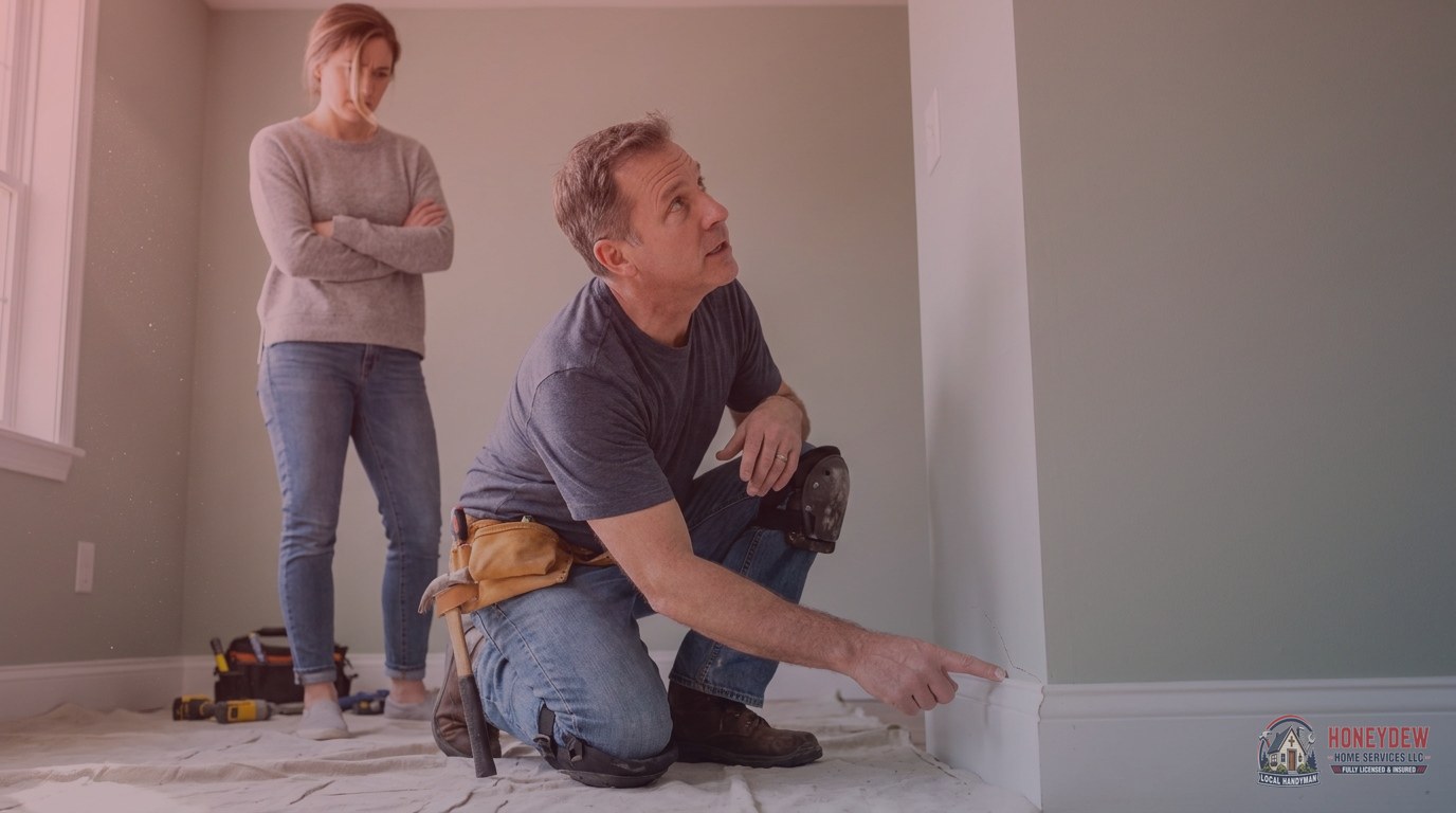 A handyman pointing out a hairline settling crack in drywall to a new homeowner during a post-move-in walkthrough.