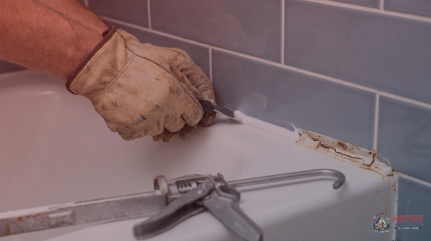 A handyman applying fresh caulk along the seam of a bathtub and tile wall to seal a gap left by home settling.