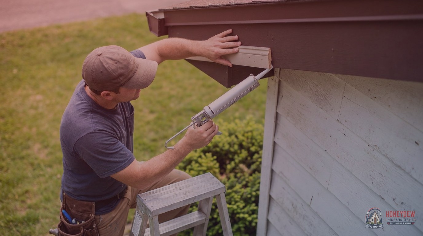 A handyman resealing separated exterior trim on a residential home to prevent water intrusion and pest damage.
