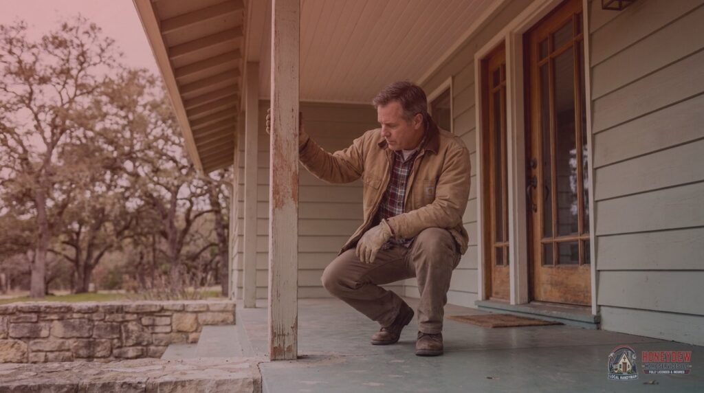 A licensed handyman inspecting the front porch post and wood trim of a mid-century residential home.